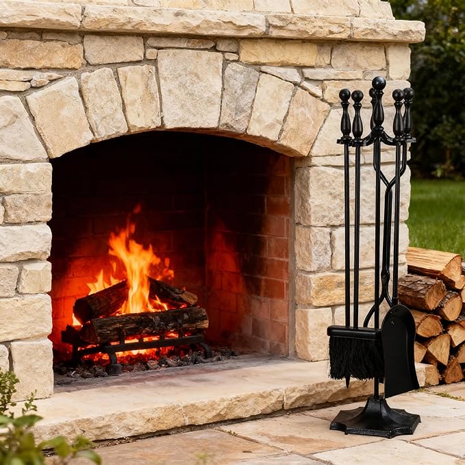 F2C 5 Pieces Fireplace Tools Sets Indoor Outdoor Wrought Iron Large Fire Place Set Tools, Fire Pit Tools，Includes Brush, Shovel, Tongs, Poker, Grabber