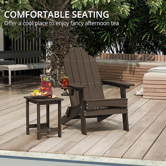 LUE BONA Folding Adirondack Chair Set of 4, Dark Brown HDPS Weather Resistant Outdoor Chair with Cup Holder for Patio Fire Pit Campground