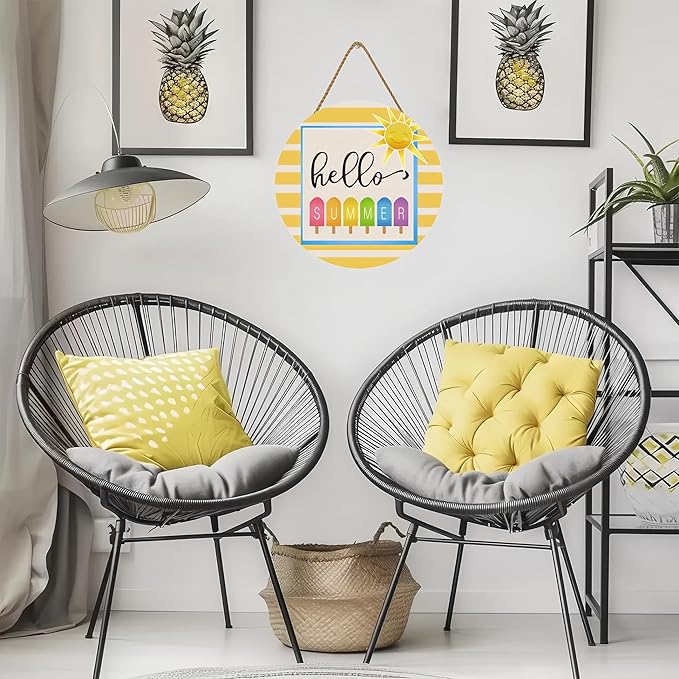 5ARTH Hello Summer Wooden Front Door Hanger Sign Hanging Sun Wall Decorations Porch Decor Home Garden Farmhouse Indoor Outdoor Wall Hanging Decoration