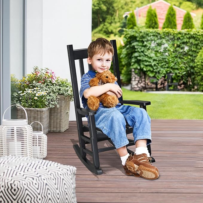 VINGLI Outdoor Child’s Rocking Chair, All Weather Wooden Rocking Chair with High Backrest, Patio Rocker for Garden, Yard, Balcony, Wooden Rocker for 3-9 Years Old, Black