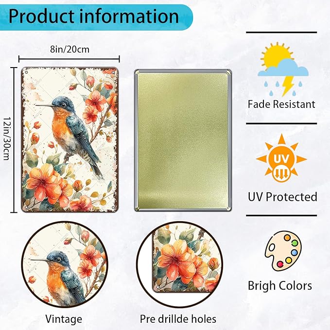 Vintage Tin Sign Hummingbird Watercolor Colorful Bird Metal Sign Hummingbird Art Decor for Home Garden Kitchen Office 12x8 Inch