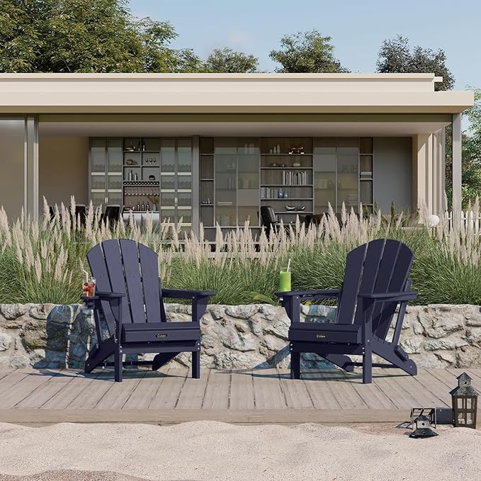 Ciokea Folding Adirondack Chairs Set of 2, Patio Adirondack Chair Weather Resistant, Plastic Fire Pit Chair with Cup Holder, Lawn Chair for Outdoor Porch Garden Backyard Deck, Dark Navy Blue