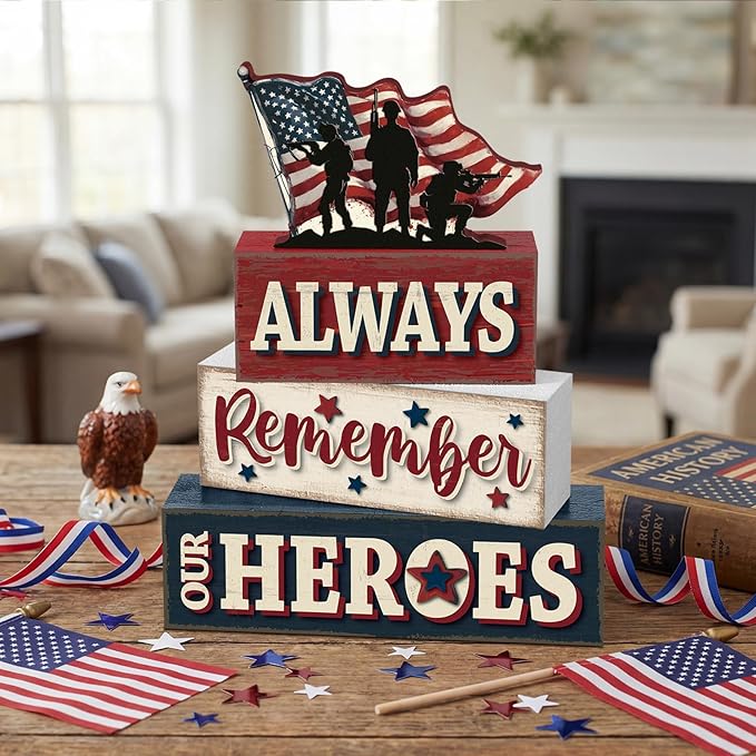 4 Pcs Memorial Day Table Decor Patriotic Always Remember Our Heroes Wooden Sign Fourth of July Tiered Tray Decor Red White Blue Table Centerpiece for Home Office Desk Shelf Mantel Decorations