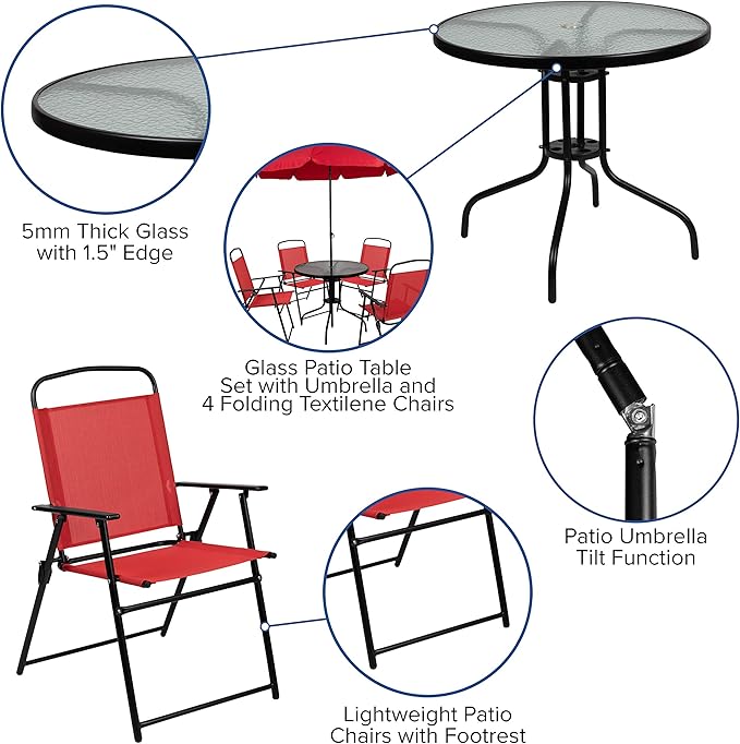 Flash Furniture Nantucket 6 Piece Red Patio Garden Set with Table, Umbrella and 4 Folding Chairs