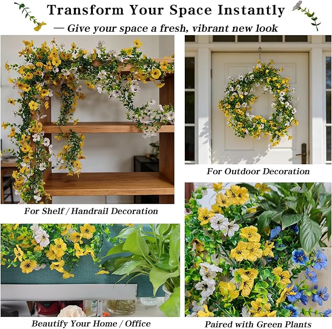 4 Pcs Faux Flowers Garland Plant, Artificial Vines Hanging Flowers Leaves Greenery Garland for Wedding Backdrop Arch Wall Decor, 6 Feet/pcs UV Resistant Indoor Outdoor