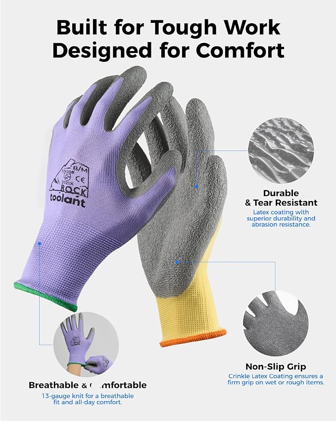 toolant Crinkle Latex Work Gloves Bulk, Rubber Coated Safety Work Gloves for Men and Women, 12 Pairs for Construction, Gardening, Warehouse (Purple & Yellow, X-Large)
