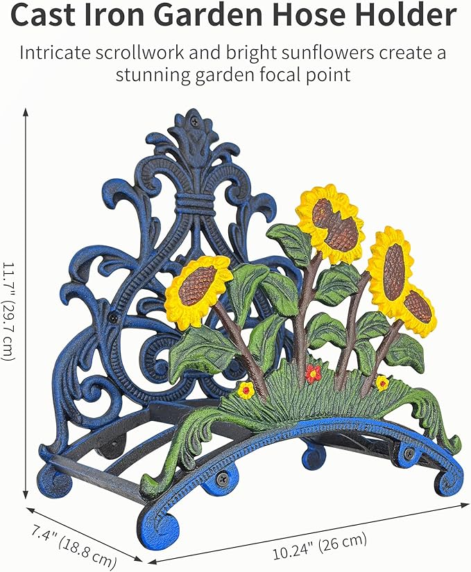 Cast Iron Garden Hose Holder Wall Mount, Rustic Heavy Duty Water Hose Hanger, Decorative Vintage Hose Reel Organizer for Outside Garden Yard Patio, Painted Sunflower Design