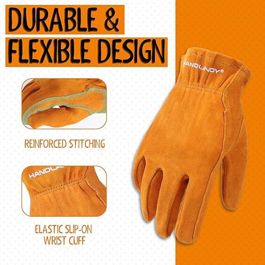 HANDLANDY Kids Genuine Leather Work Gloves for ages 3-11, Children Gardening Gloves for Boys, Girls (Medium (for age 5-7), Orange)