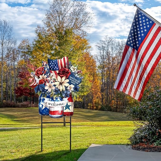 Amyhill 4th of July Metal Outdoor Decor Garden Stakes Patriotic Mason Jars Welcome Yard Signs Decorations Red White Blue Garden Stakes for Independence Memorial Day Patio Lawn Walkway Outside