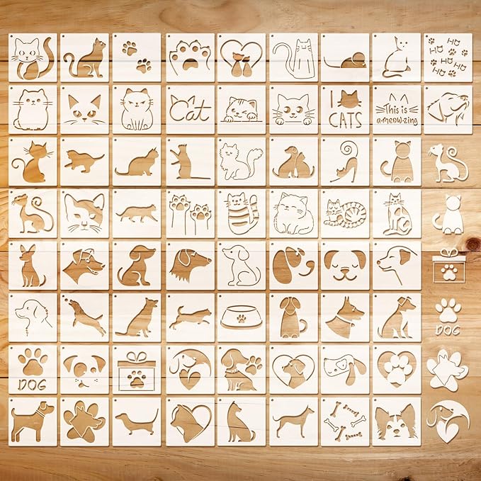 Marspark 66 Pcs Spring Easter Small Stencils for Crafts Reusable 3 Inch Stencils for Painting on Wood DIY Craft Paint Template for Wall Home Decor Card Rock Canvas Drawing Holiday (Cat and Dog)