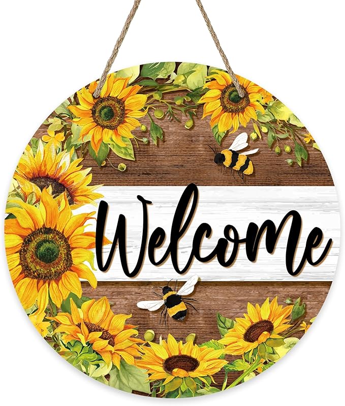 Welcome Spring Summer Sunflower Front Door Sign, Flower Bumble Bee Wood Door Hanger Outdoor Outside Porch Decor, Floral Honey Farmhouse Wooden Wreath Indoor Wall Hanging Decoration