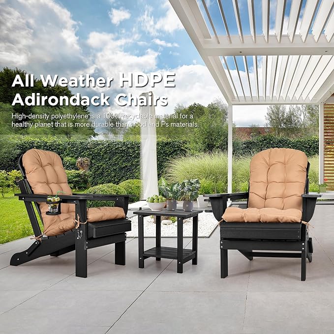 nalone Folding Adirondack Chair with Cushion with Cup Holder, HDPE Plastic Oversized Patio Chair Weather Resistant, Used in Outdoor, Fire Pit, Deck, Garden, Campfire Chairs (Black)