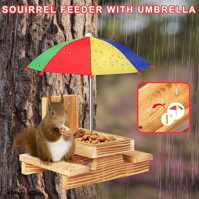Gnodary Squirrel Feeder with Umbrella, Squirrel Feeders for Outside, Squirrel Picnic Table Feeder - Chipmunk Feeder Hold Corn, Corn Cob, Peanuts Style2 (Red)