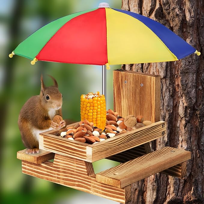 Gnodary Squirrel Feeder with Umbrella, Squirrel Feeders for Outside, Squirrel Picnic Table Feeder - Chipmunk Feeder Hold Corn, Corn Cob, Peanuts Style2 (Red)