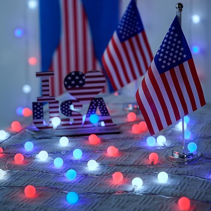 JMEXSUSS Red White and Blue Lights Battery Operated, 33ft 4th of July Lights Outdoor Waterproof, 100 LED String Light for Independence Day Memorial Patriotic Day Decor