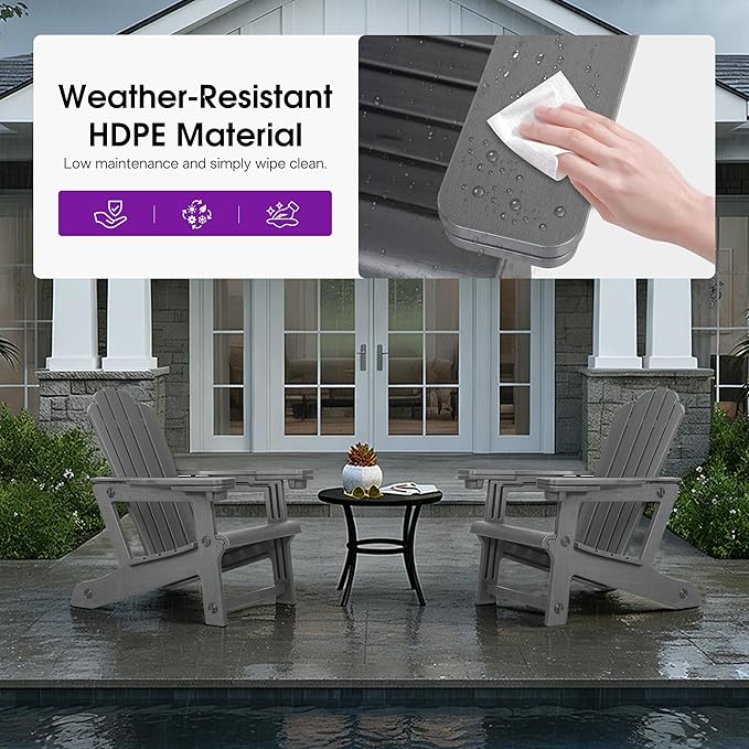 PURPLE LEAF Adirondack Chair HDPE All-Weather Outdoor Fire Pit Chair with 24.6" Oversized Seat Wood-Textured Patio Adirondack Chair with Dual Cup Holders for Garden Deck Backyard, Gray