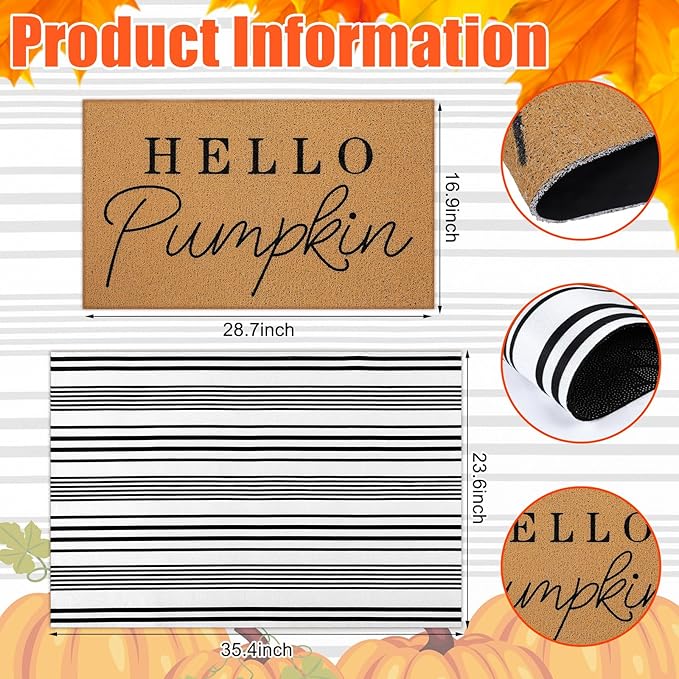 Tinideya 2 Pcs Fall Door Mat Hello Pumpkin Welcome Non Slip Coir Mats Thanksgiving Black White Stripe Harvest Floor Layering Doormats Seasonal for Front Porch Entryway Decor(Hello Pumpkin)