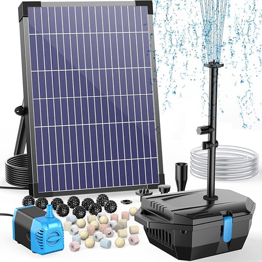 Antfraer 12W Solar Fountain Pump & Pond Filter Kit – Integrated Filtration System with 4 Nozzles, 6.6FT PVC Tubing Pond Filter for Outdoor Ponds, Gardens, Waterfalls, Fountains
