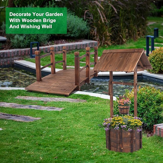 VINGLI Wooden Wishing Well and Garden Bridge Bundle for Outdoor Rustic Wedding Garden Decor Country Theme Style, Ornamental Landscaping Art Project Barrel Planter and Wooden Bridge Set for Backyard