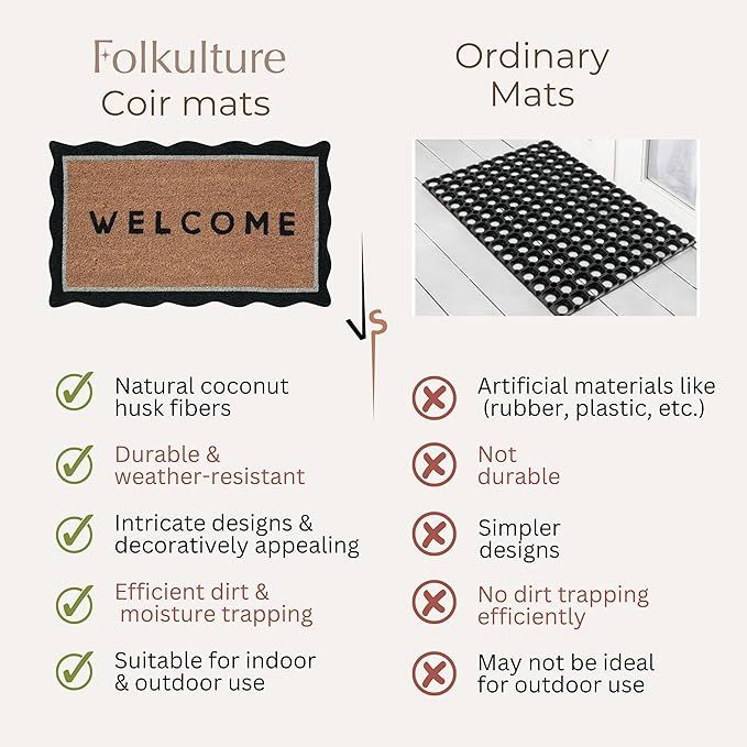 Folkulture Welcome Matt Outdoor | 16 x 28 Door Mats for Front Door Mat Outside Entrance | Eco Friendly | Welcome-Mats Cute | Scalloped Coir Door Mats | Outdoor Decor for Home | Durable & Anti Slip