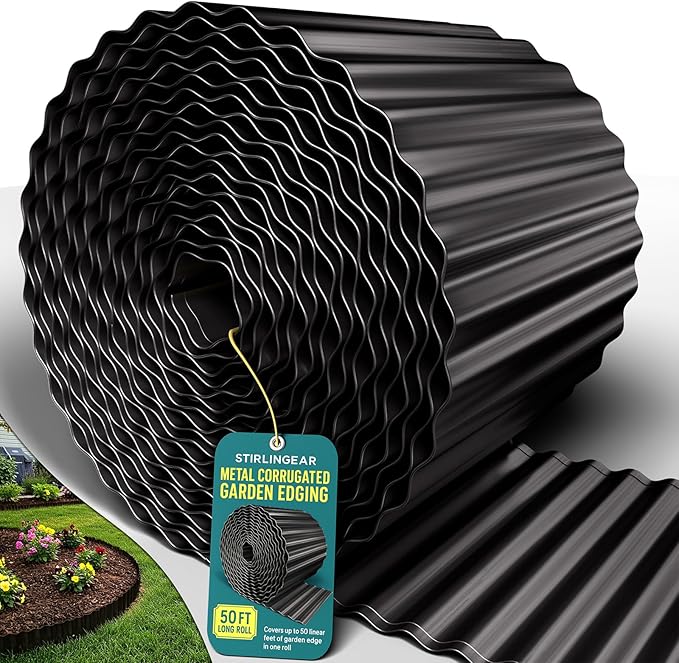 50FT Black Corrugated Metal Landscape Edging – Flexible & Rustproof Garden Edging Border, Decorative Metal Trim for Flower Beds, Lawn, Driveway, Walkway & Raised Beds