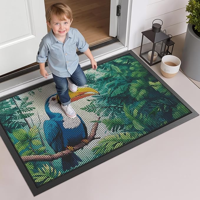 LUMI Outside Door Mat 32x47, Non Slip Rubber Backing Doormat, Low Profile Easy Clean Entrance Mats for Front Back Door Entryway Porch Garage, Toucans