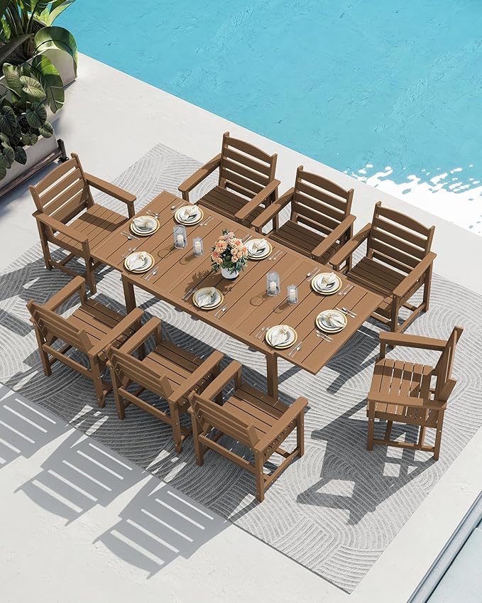 SERWALL 5-Piece Outdoor Table and Chairs, 60" - 83" Expandable Outdoor Dining Table with Aluminum Frame & HDPE Tabletop, All Weather HDPE Patio Furniture Set for Backyard, Garden, Brown