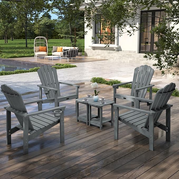 Stackable Adirondack Chair, HDPE All-Weather Adirondack Chairs - Durable and Space Saving, Plastic Outdoor Fire Pit Chairs with Cup Holder,Grey