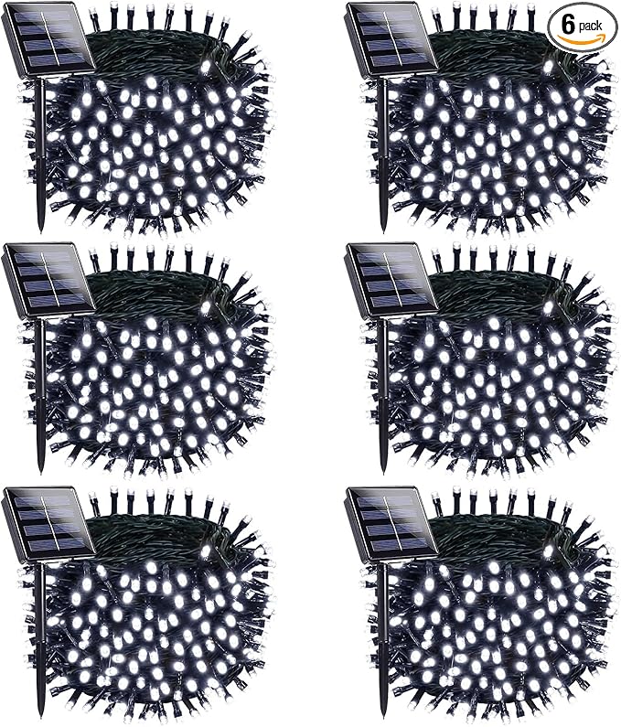 OZS 6 Pack 480LED Solar Christmas String Lights Outdoor, Waterproof 8 Modes Solar Tree Light, Green Wire Christmas Lights Outdoor for Garden, Party, Wedding, Christmas Decorations (Cool White)