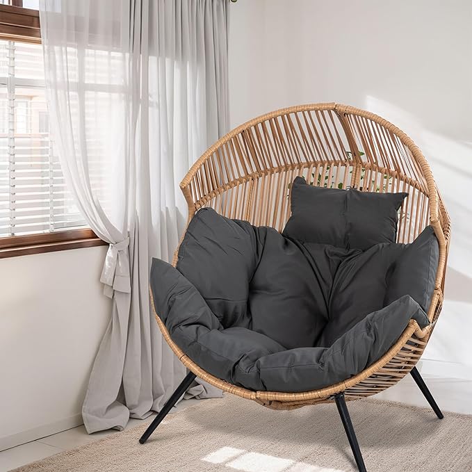 Shintenchi Wicker Egg Chair Rattan Patio Chair with Cushion,Oversized Patio Lounge Chairs with Cushion Egg Basket Chair, Egg Seat for Indoor Living Room Bedroom Outside,Grey