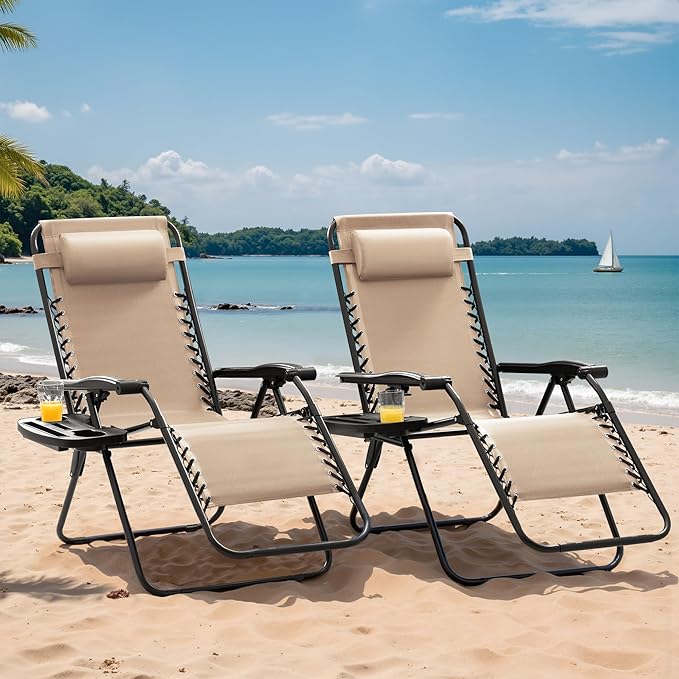 Devoko Set of 2 Zero Gravity Lounge Chairs, Outdoor Folding Adjustable Steel Mesh Recliner Chairs with Cup Holder & Removable Pillow for Patio Garden Lawn Beach (Beige)