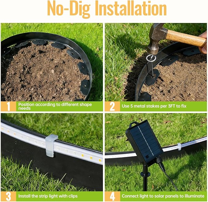 Landscape Edging with Solar String Lights, 10FT, 2in Depth, Metal Stakes & Light Remote, No-Dig Garden Edging with Timer & 19 Light Modes Landscape Border for Curved Straight Beds, Black