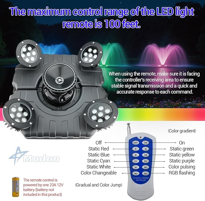 Pond Fountain Aerator with Light RGB LED, 1HP 750W Floating Fountain System for Outdoor Pond Lake, 110V 15000 GPH Fully Automatic Stainless Steel Fountain Pump with 4 LED Lights 100 Feet Power Cord