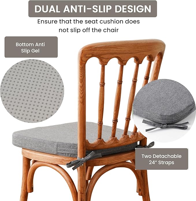 Battilo Chair Cushions for Dining Chairs with Ties, Waterproof Kitchen Chair Pad with Non-Slip Backing, Seat Cushions with Machine Washable Removable Cover, 16"x16"x2", Set of 4, Dark Grey