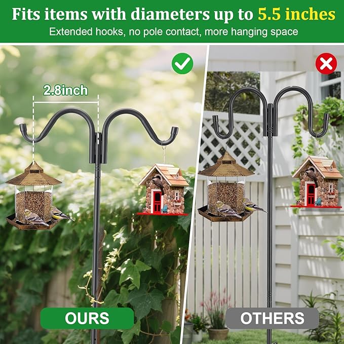 Double Shepherds Hooks for Outdoor, 94 Inch Adjustable Bird Feed Pole with 5 Prongs Base, Heavy Duty Shepherds Hook for Bird Feeder, Bird House, Light Plant, Wind Chime, Hummingbird Feeder, Lantern