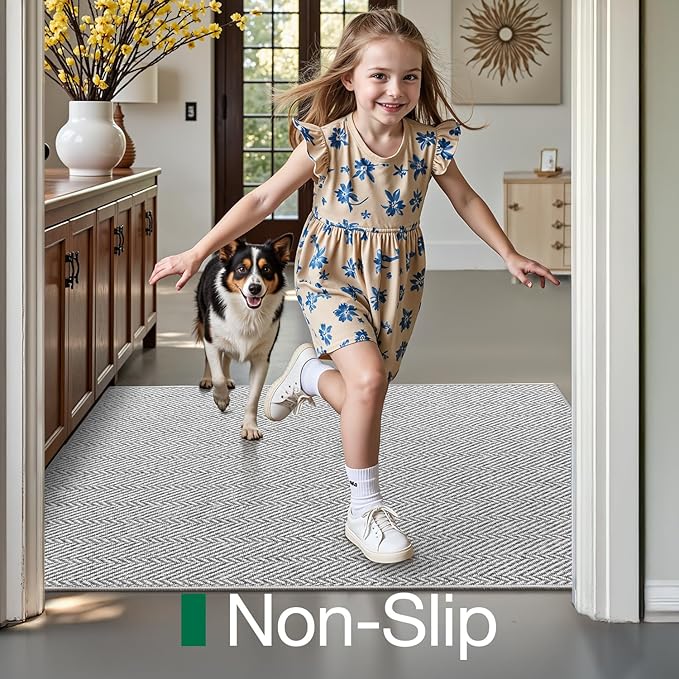 LUMI Ultra Thin Indoor Door Mat for Entrance 24"x36", Non Slip Entryway Mat, Low Profile Doormat, Unique Herringbone Design Carpet for Inside, Patio, Porch, Gray