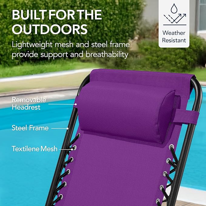 Best Choice Products Outdoor Folding Rocking Chair, Zero Gravity Lounge Chair, Patio Rocker w/Headrest Pillow - Amethyst Purple