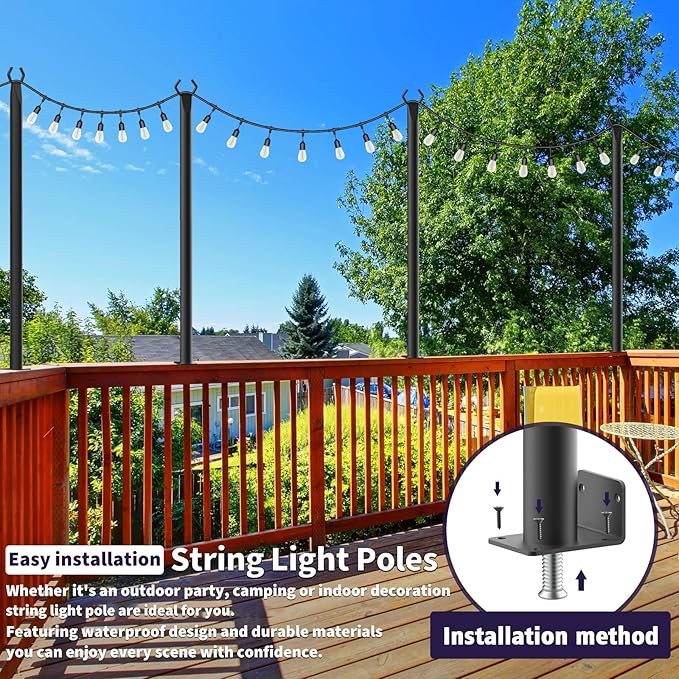 LETIANPAI 6 Pack String Light Poles,5 Ft Metal Poles with Fence Bracket for Outdoor String Lights,Outdoor Light Poles with Fork,Poles/Post/Stand for Outside