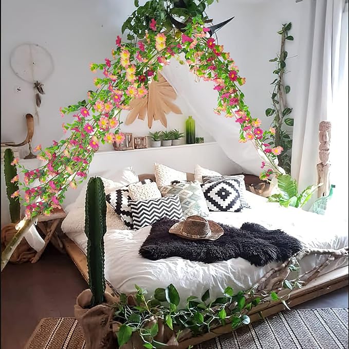 CISDUEO Artificial Daisy Flowers Vine Silk Flower Garland Spring Fake Flower Vine Hanging Ivy with Pink Daisy Flowers Green Leaves for Wall Party Wedding Arch Floral Decor Home Indoor Outdoor Ceremony