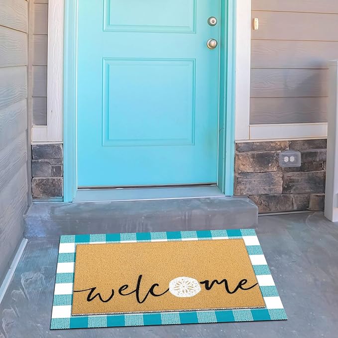 Tinideya 2 Pcs Summer Door Mat Non Slip Wildflower Coastal Hello Sunshine Sweet Home Ocean Pet Welcome Floor Doormat Buffalo Plaid Checked Stripe Mat Seasonal for Front Porch Entryway(Seashells)