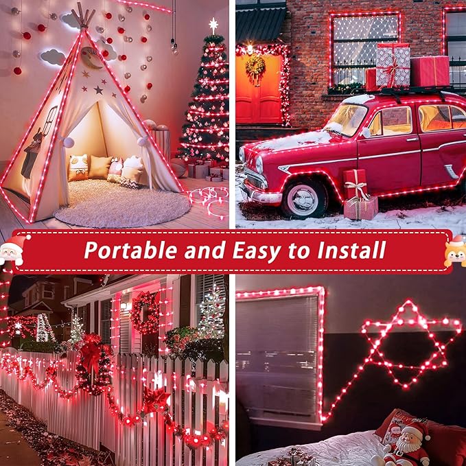 JMEXSUSS 2 Pack Red String Lights Battery Operated Rope Lights Outdoor, Total 200LED 8 Mode Christmas Light with Remote/Timer, Red Outdoor Light for Garden Tree Yard Valentines Day Decorations
