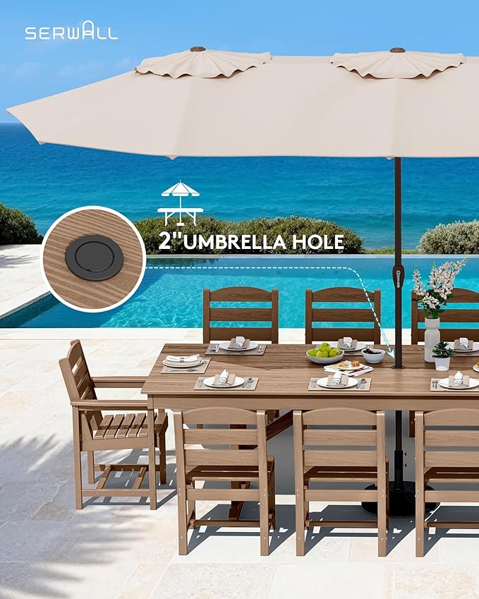 SERWALL 11 Piece Outdoor Dining Set, 84" HDPE Outdoor Table and Chairs for 10，All Weather Patio Furniture Set with Umbrella Hole for Backyard, Garden, Brown