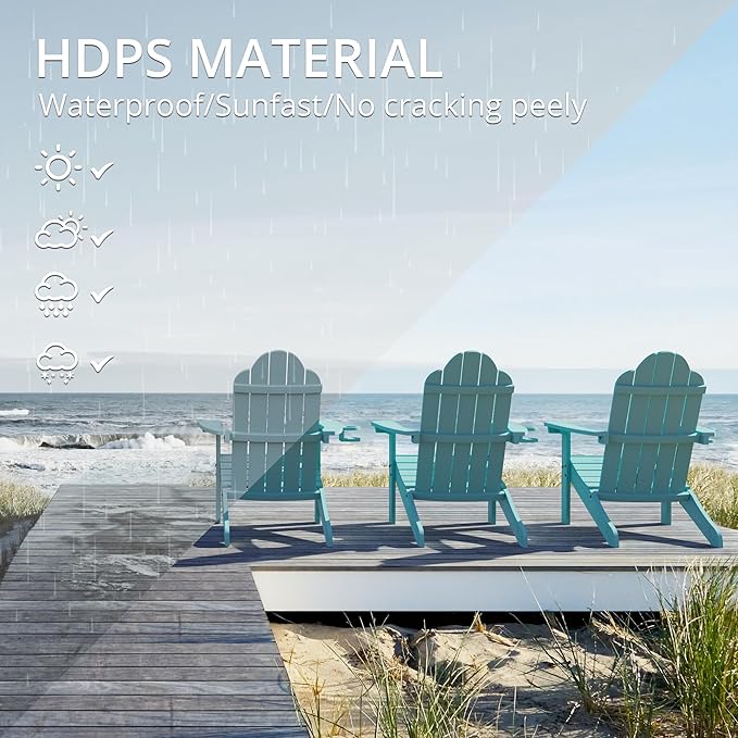 LUE BONA HDPS Adirondack Chairs Set of 2, Fire Pit Outdoor Chair Weather Resistant with Cup Holder, Modern Plastic Chair Plastic for Patio, Deck, Proch, 350LBS, Blue Turquoise