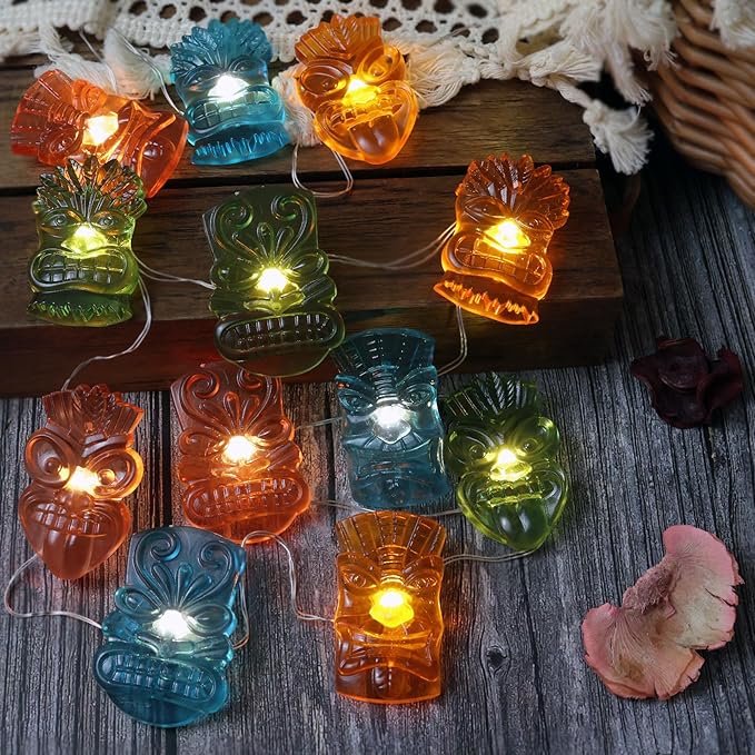 Indoor Tiki Bar and Dorm Room Decorations, 7FT 20PCS Colorful Tiki Mask LED String Lights, USB Powered with Battery Box, Tropical Party Fairy Lights for Bedroom Wall Shelf Summer Décor
