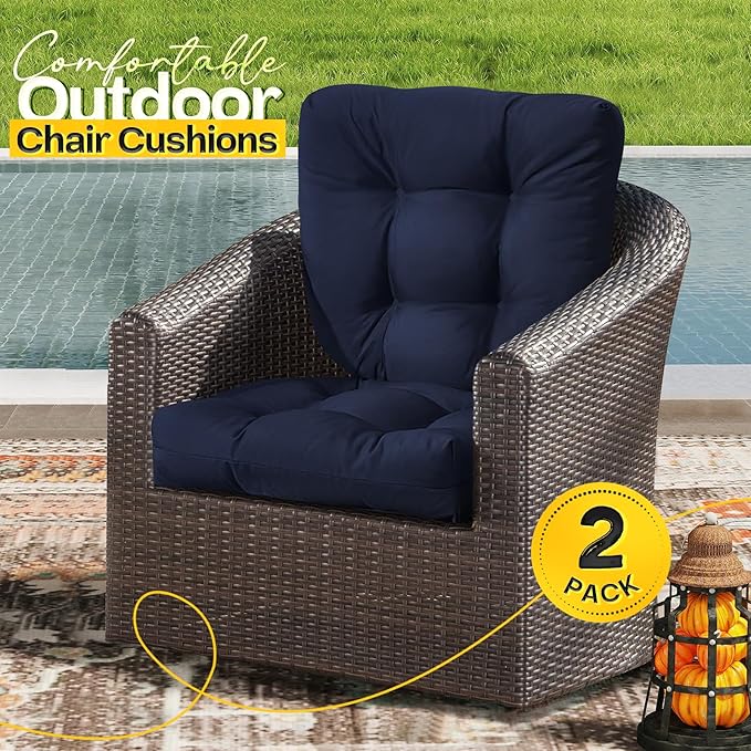 MAGIC ELEPHANT Outdoor Chair Cushions Set of 2, Memory Foam Seat Cushion Pads for Wicker Chair and Patio Furniture, 19 x 19 Inches (Blue)
