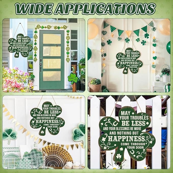 Wooden St Patricks Day Decoration Shamrock Door Wreath for Front Door Sign Wall Signs Shamrock Clover Spring Decoration, Irish Sign Welcome Hanging for Home Decor Party Outdoor Indoor Supply