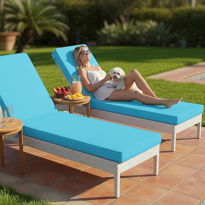 Chaise Lounge Cushions Outdoor Set of 2 - Waterproof and Fade Resistant Sun Lounger Replacement Cushions - Patio Lounger Pads with Removable Cover for Pool, Deck, Lawn, 72 x 21 x 3 Inch, Teal