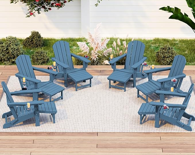KINGYES Folding Adjustable Adirondack Chair with Ottoman & 2 Cup Holders Set of 6, HDPE Recliner Adirondack Chair with Footrest, Brown