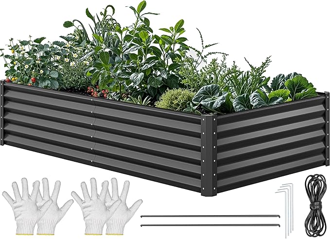 YITAHOME 96x48x18 in Galvanized Raised Garden Bed Kit, Large Metal Planter Box with Gloves, Safety Rubber & Support Rod, Outdoor Flower Bed for Plants Vegetables, Black