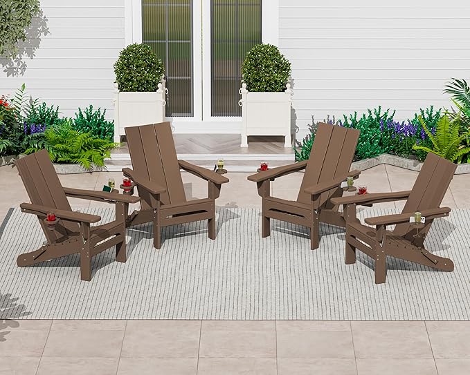 SERWALL Modern Adirondack Chair Set of 4, Folding Adirondack Chair with Cup Holders, Outdoor HDPE Fire Pit Chairs for All Weather Use, Brown